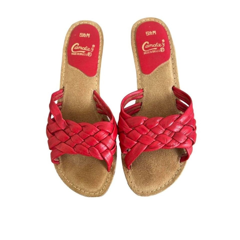 90's vtg. CANDIES RED LEATHER WEDGE SANDALS‎ MADE IN BRAZIL SZ. 5.5 - Picture 2 of 8
